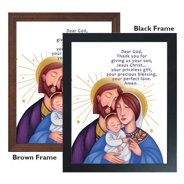 A contemporary illustration of the Holy Family with Mary holding Jesus and Joseph leaning close to Mary. Jesus' fingers reach out to grasp Mary's hand. 11 x 14