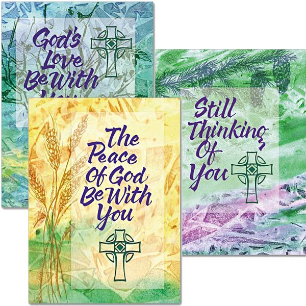 When you order this assortment, you will receive 1 each of "God's Love Be With You," "Still Thinking of You," and "The Peace of God Be With You" with envelopes. Accompany and support your loved ones each step of the way in treament and recovery as they battle cancer, addiction, or another serious illness. Note: The cards are not wrapped together.