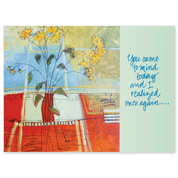 Colorful, whimsical vase filled with yellow flowers sets off the text to the right