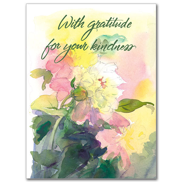 These beautifully, artistic floral cards offer a lovely way to thank someone for the good that they do and the gifts that they have given. The cards measure 5.93" by 4.38". white and pink peonies on yellow ground