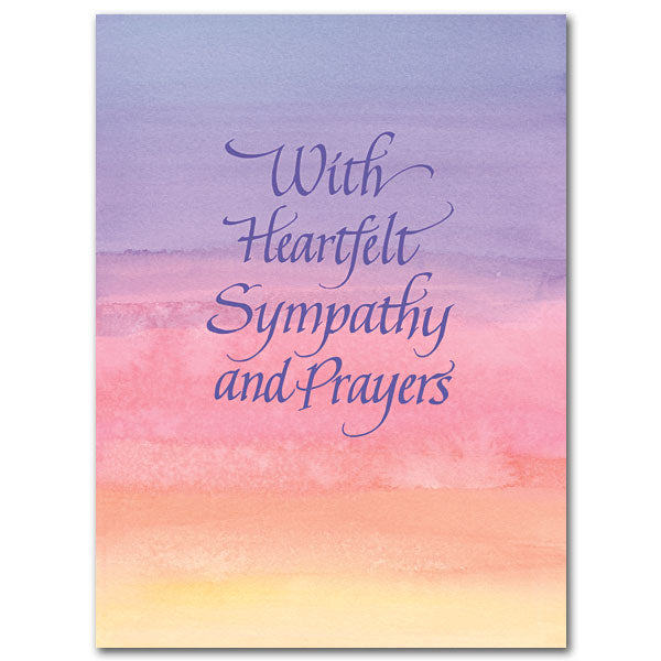 A watercolor wash of early morning sky colors (gold, orange, magenta, purple) provides a soothing backdrop for your message of sympathy. The cards measure 4.38" x 5.93". Printed on recycled paper. Watercolor wash of early morning sky (gold, orange, magenta, purple)