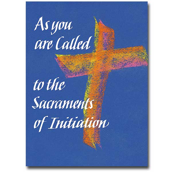The Rite of Election includes the enrollment of names of all the Catechumens seeking baptism at the coming Easter Vigil. This typically occurs, on the first Sunday of Lent, the Catechumens, their sponsors and families gather at the cathedral church. The Catechumens publicly express their desire for baptism to the diocesan bishop. Their names are recorded in a book and they are called the Elect.<br> Lettering on bright blue ground with multi-colored cross–orange, yellow, green&