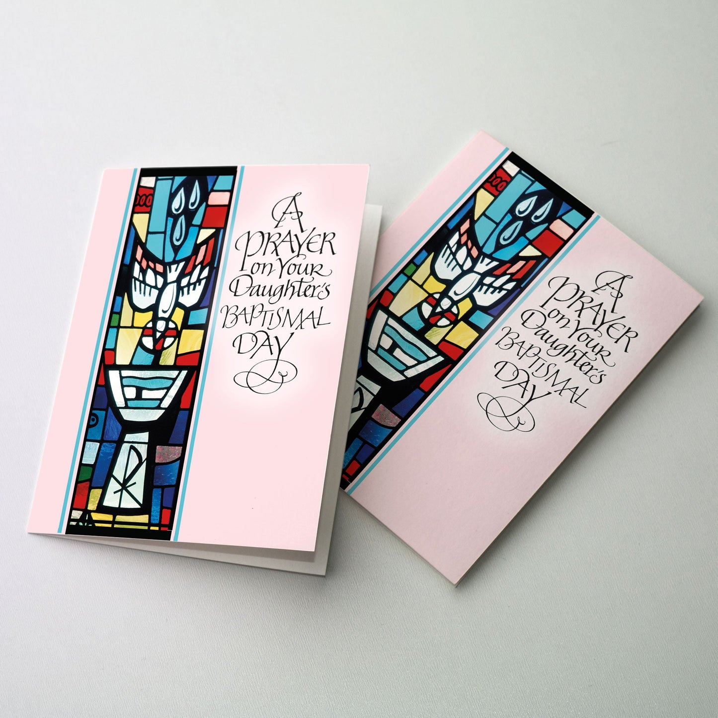 Stained glass window image of a dove descending above a baptismal font. The cover message is in white on a silver foil background.