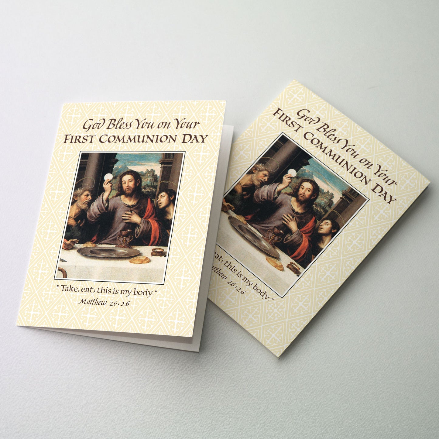 Bordered fine art painting of Christ presenting the sacred host at table.