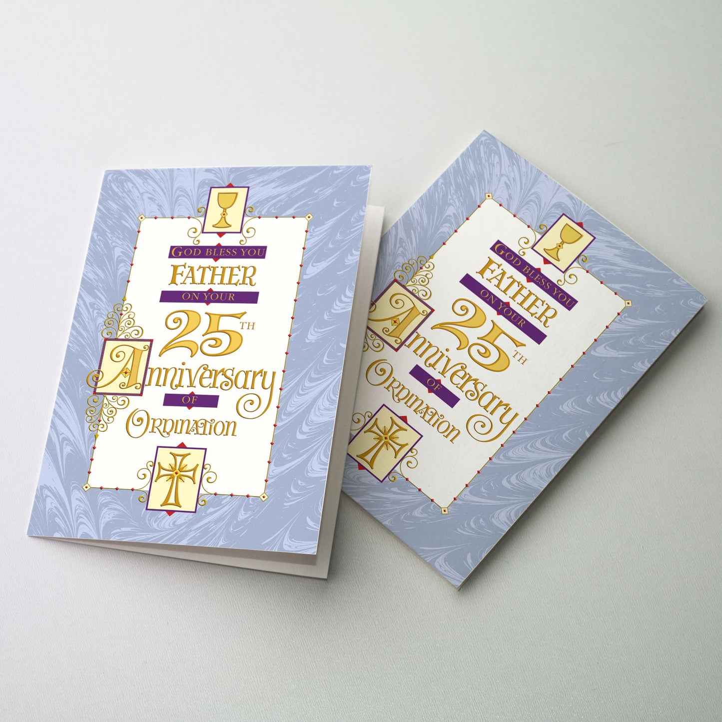 Central lettering panel with images of a chalice at the top of the panel and a cross at the bottom of the panel. The background is if a handmade paper design.