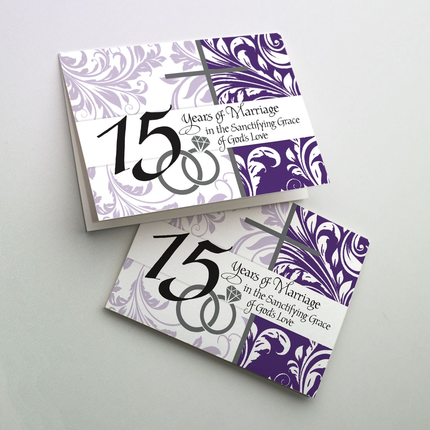 Purple floral background with calligraphy and rings.