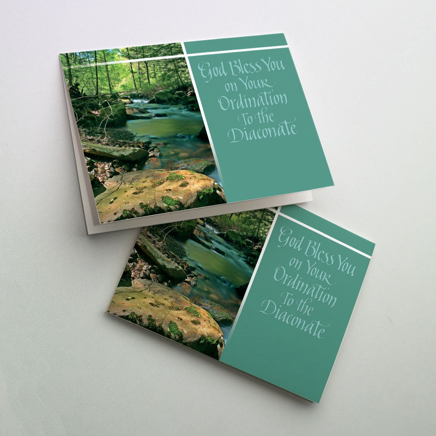 <br> Woodland scene with babbling brook in blue and turquoise with a white cross