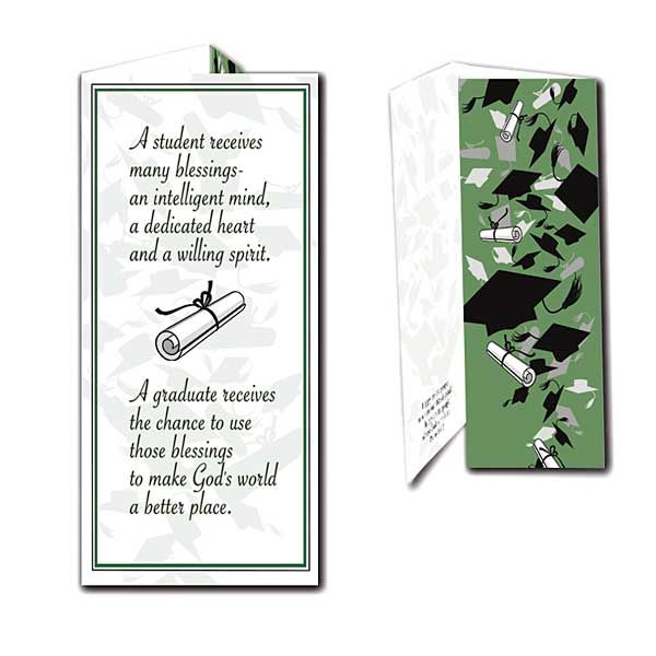 Mortar boards and diplomas floating in air form border for sentiment on cover