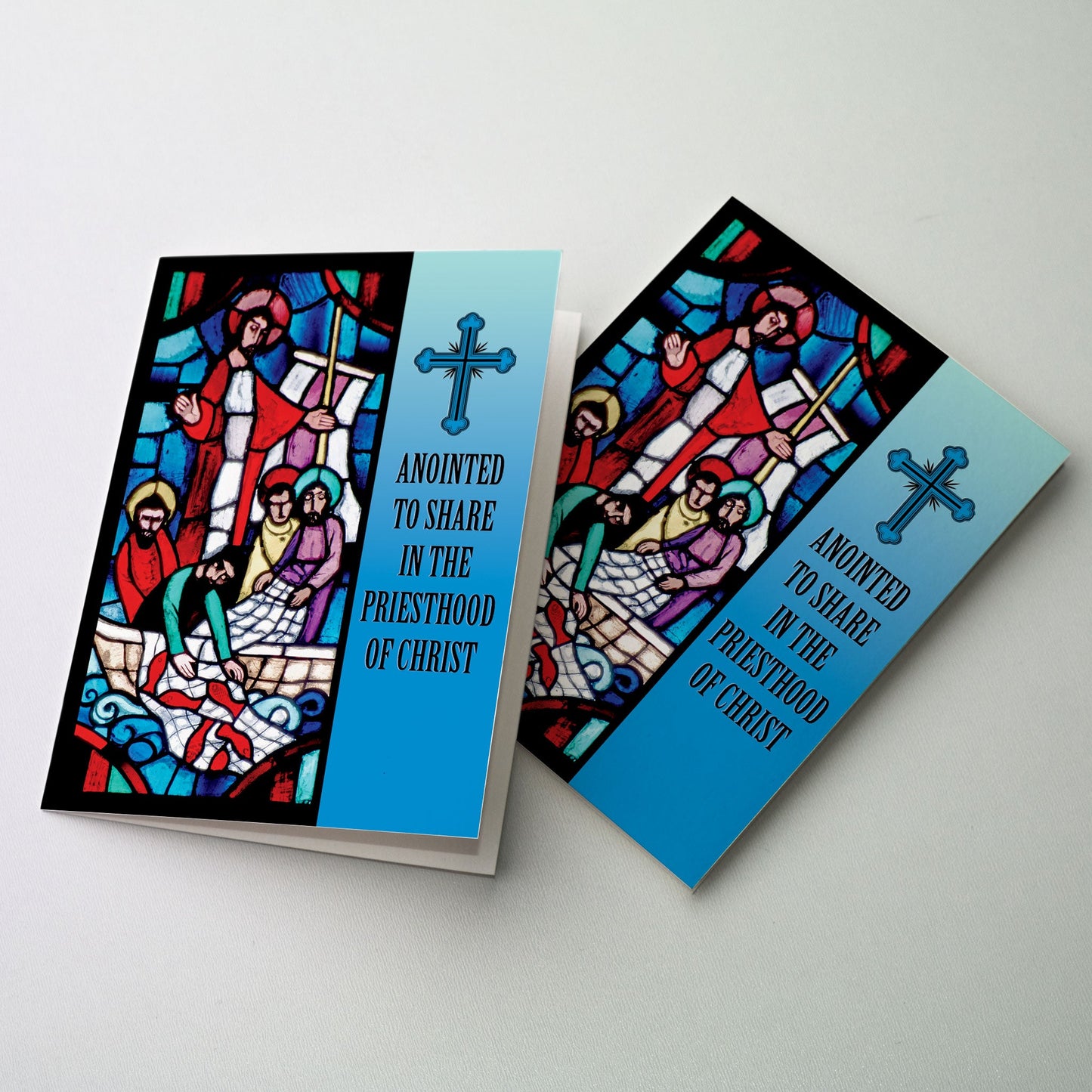 Stained glass image of Jesus in the boat with his disciples commanding them to fish for people