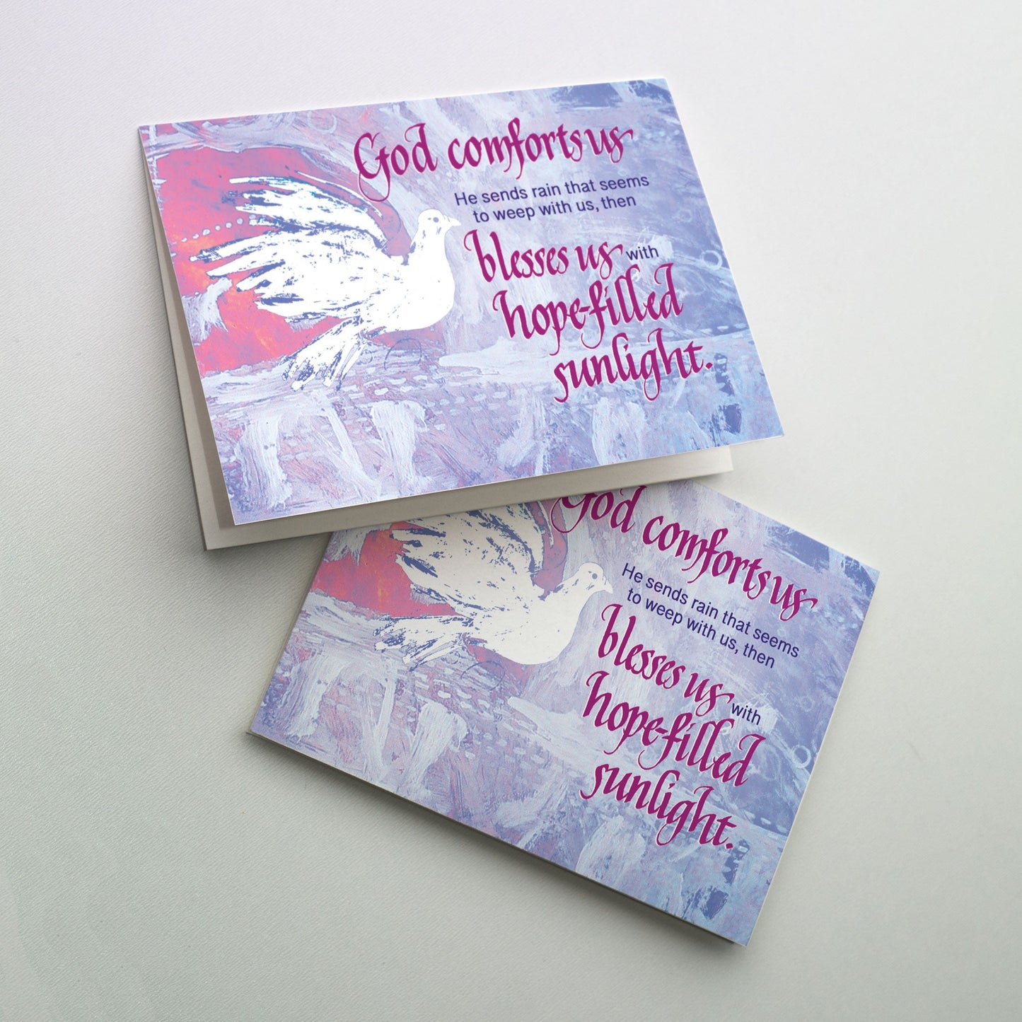 White dove on red and purple background setting off the red calligraphy