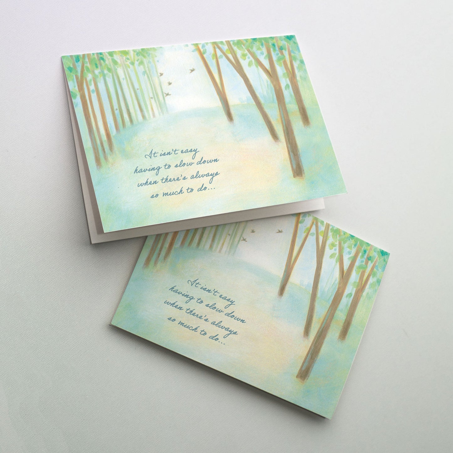 Softly painted forest glen with a flock of birds.