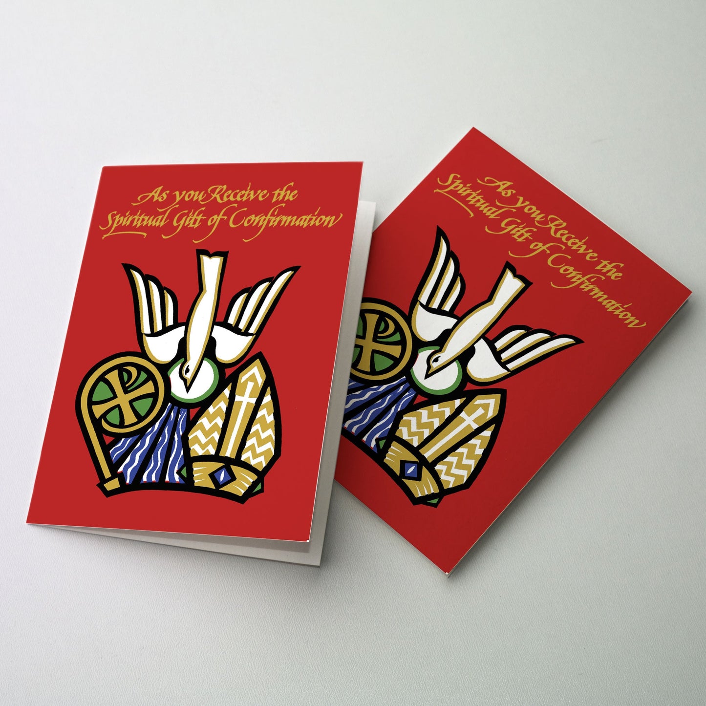 Graphic image of a descending dove, a miter and a crosier with gold metallic ink calligraphy lettering