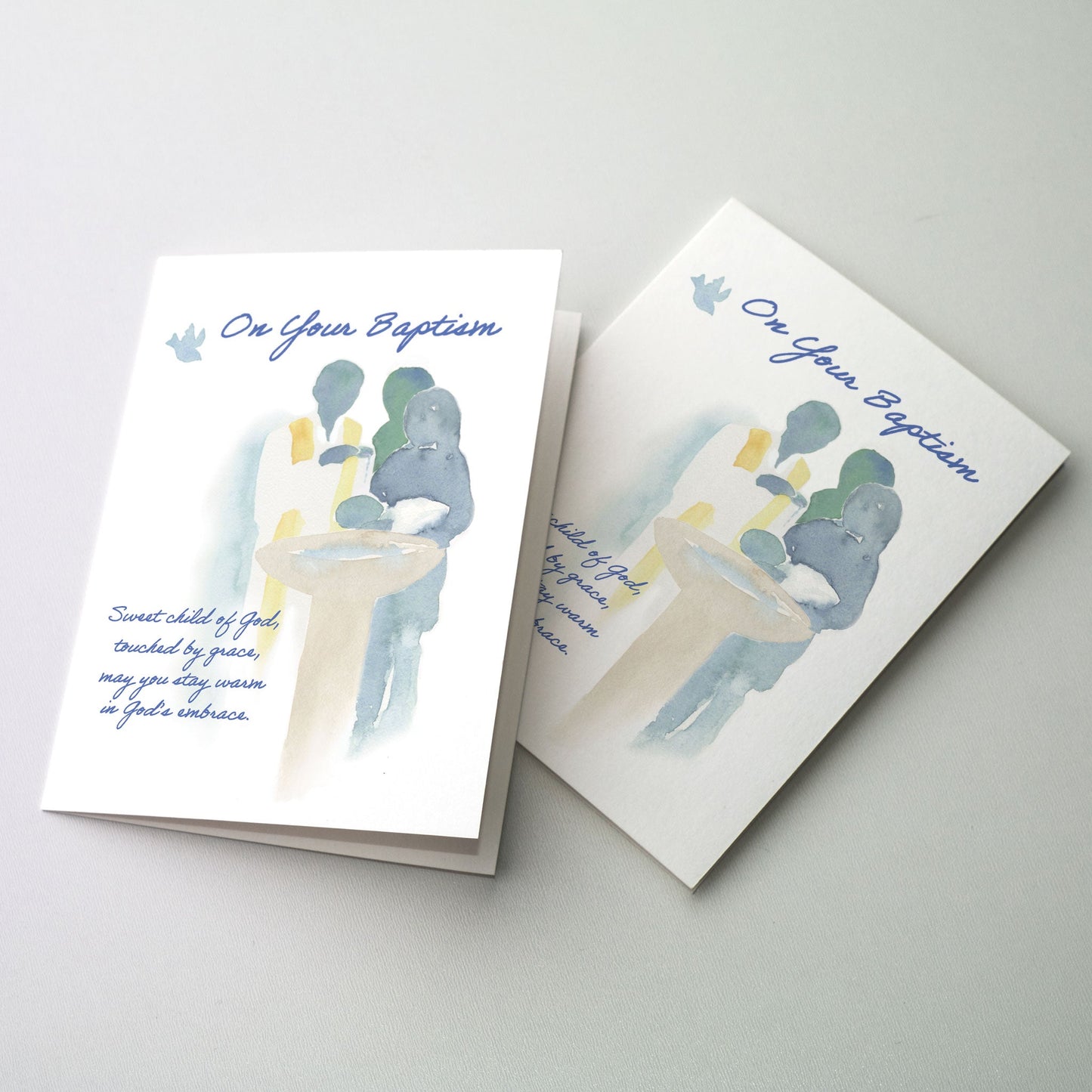 The ceremony of Baptism being celebrated painted in watercolor blues and greens.