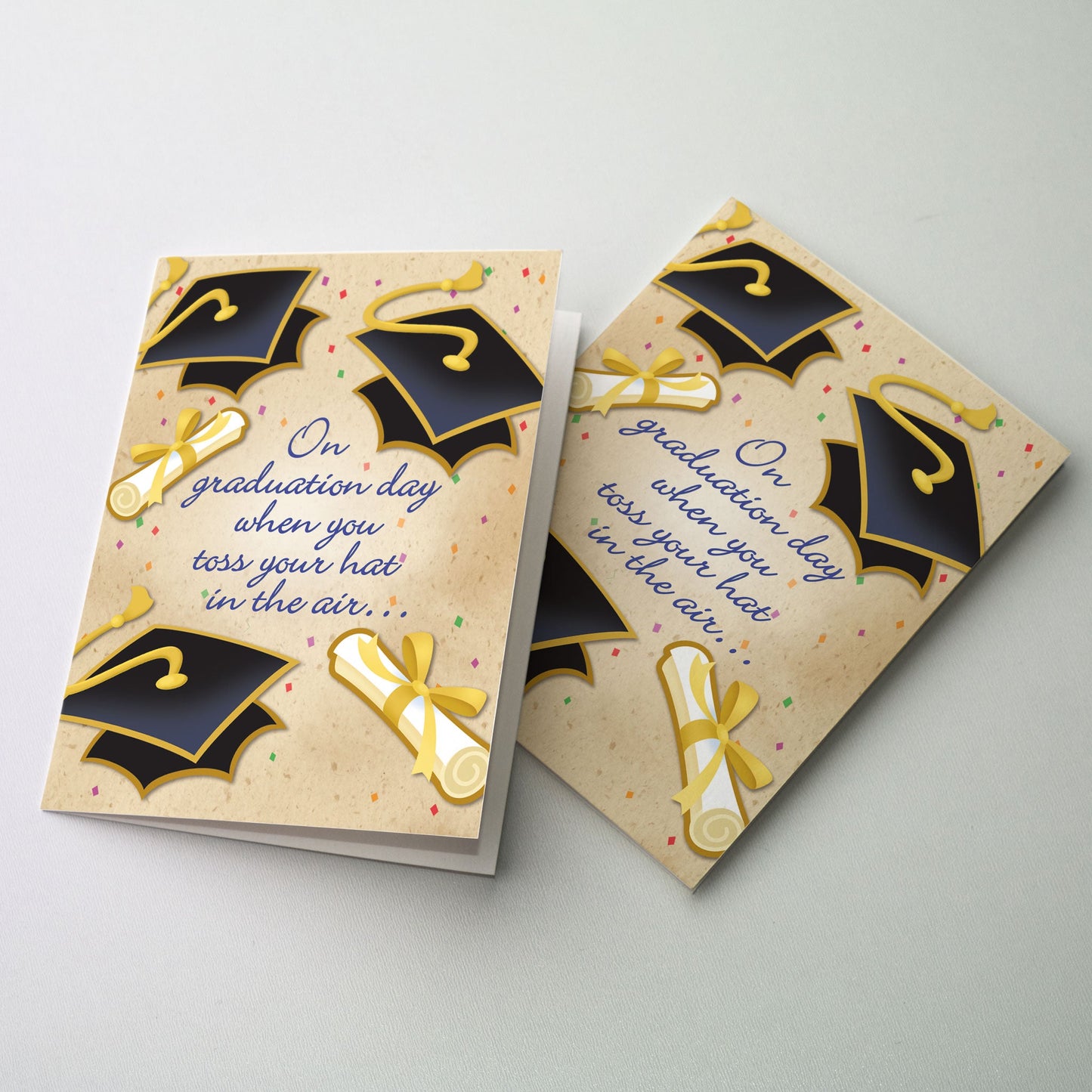 Graduation mortar boards flying through the air