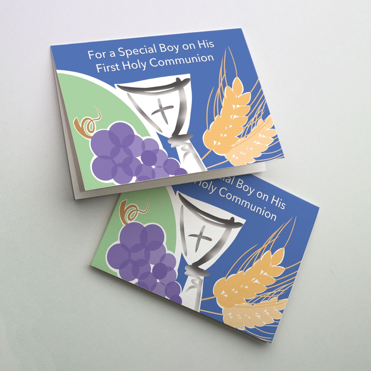 Contemporary chalice, wheat, and grapes on a blue and green background.