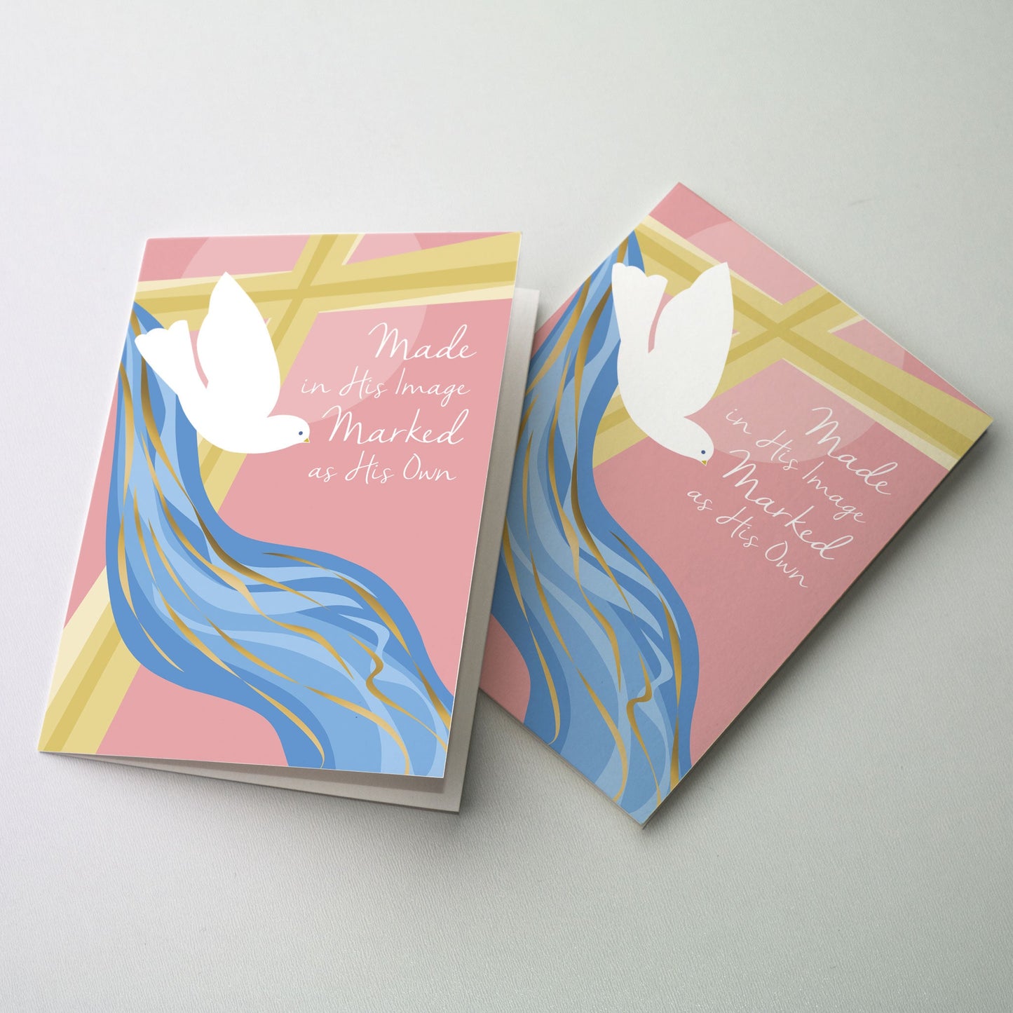 Dove descending amid flowing water accented with metallic ink over a cross in the background