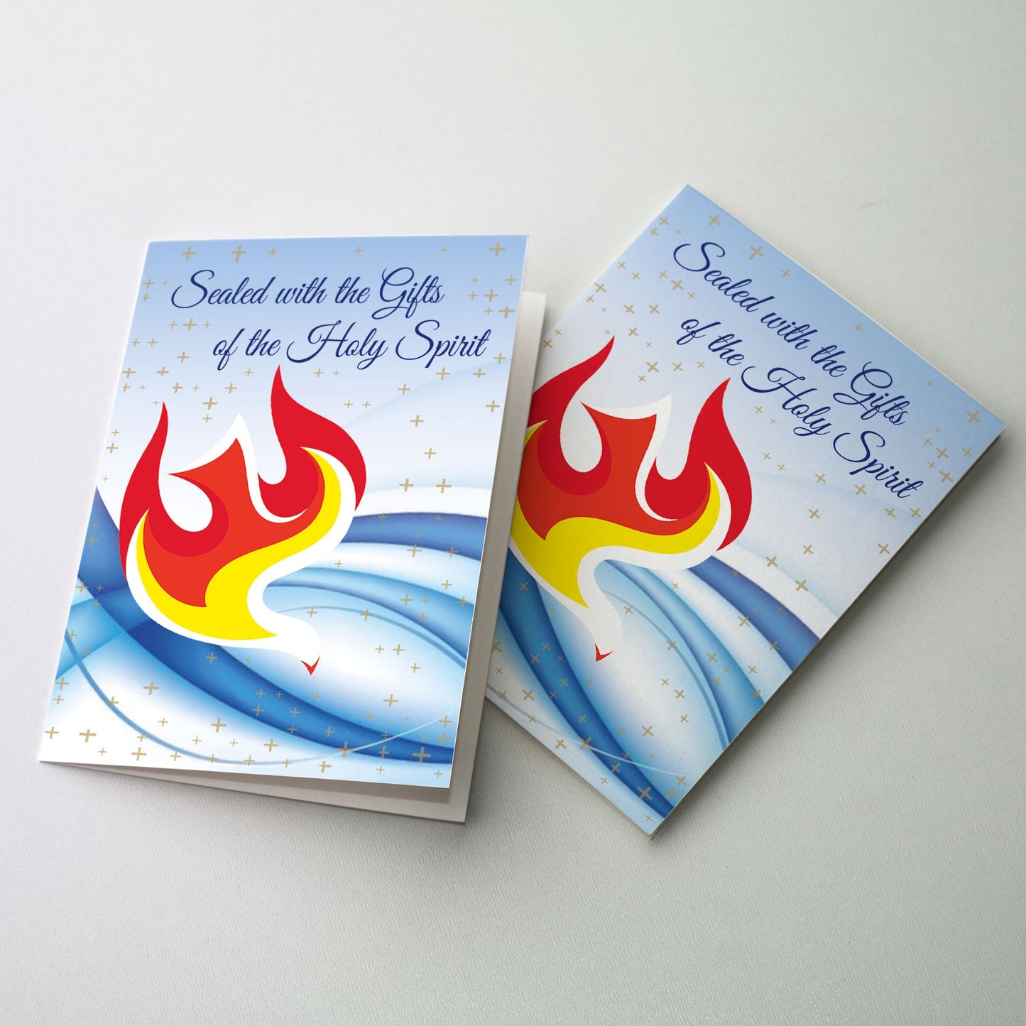 Dove descending on a blue background with small gold cross pattern