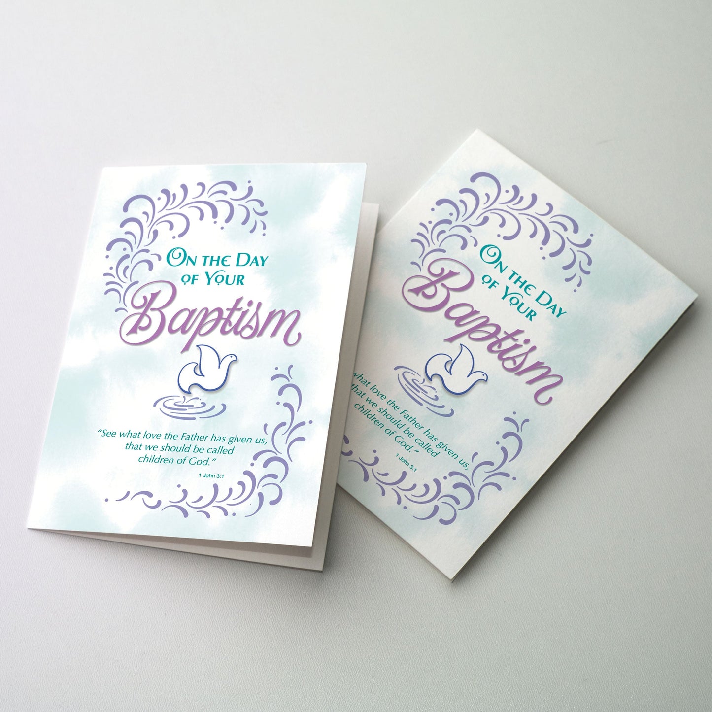 Rejoice with those becoming children of God in the sacrament of Baptism. 5" by 7". Envelopes included.