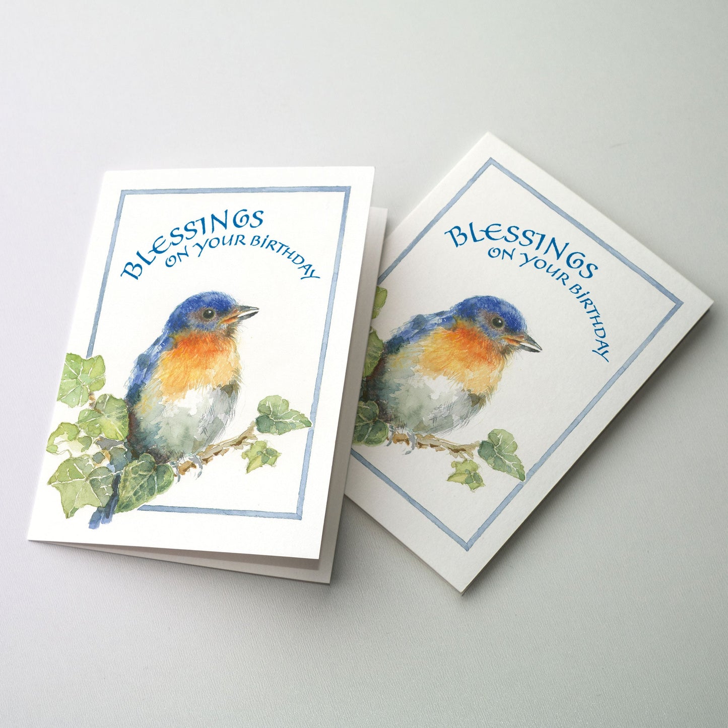 These beautiful images from nature serve as a reminder of God’s blessings on your loved one’s special day. This card features a watercolor of a bluebird on an ivy branch. The cards measure 5" x 7". Printed on recycled paper.
