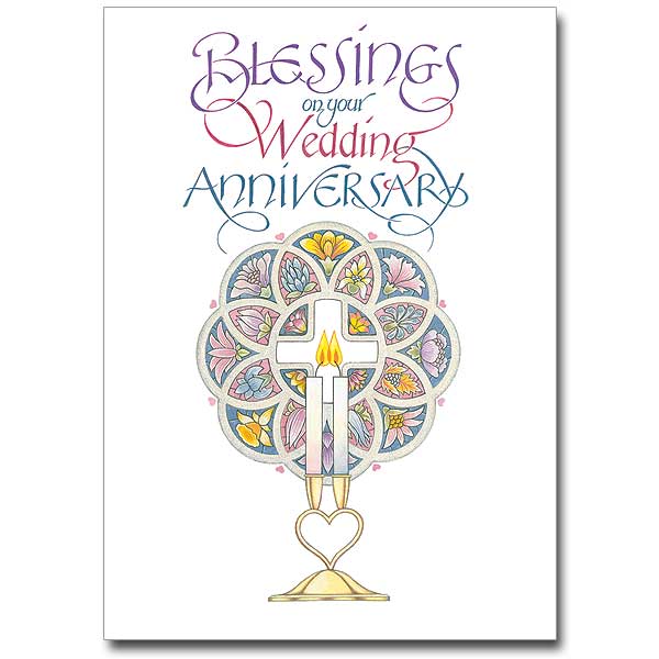 Two candles united in a cross, against a stained glass window. Rejoice with those celebrating wedding anniversaries. 5" by 7".