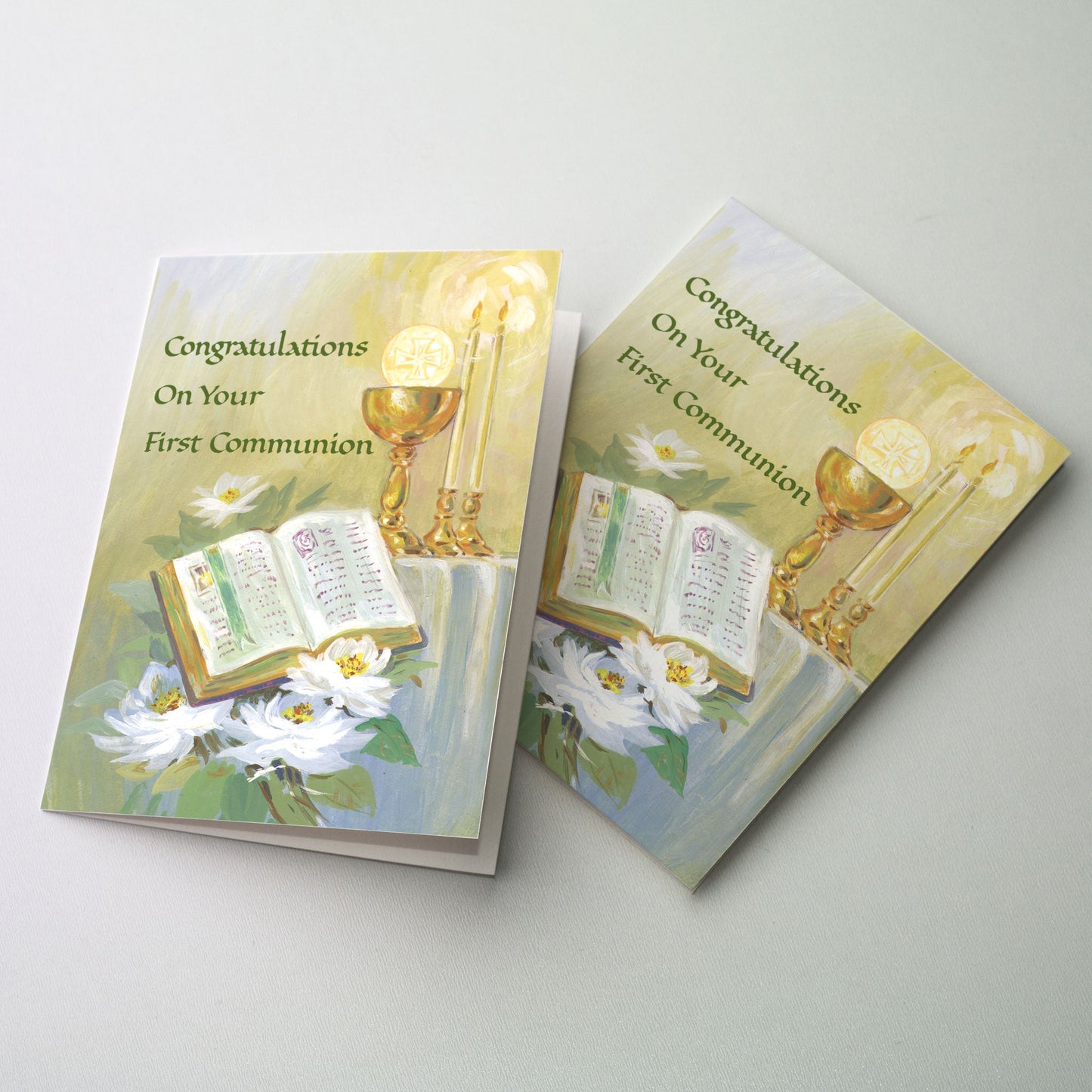 Painting with Host, Chalice, candles, Bible and flowers Rejoice with those receiving their First Communion. 5" by 7".