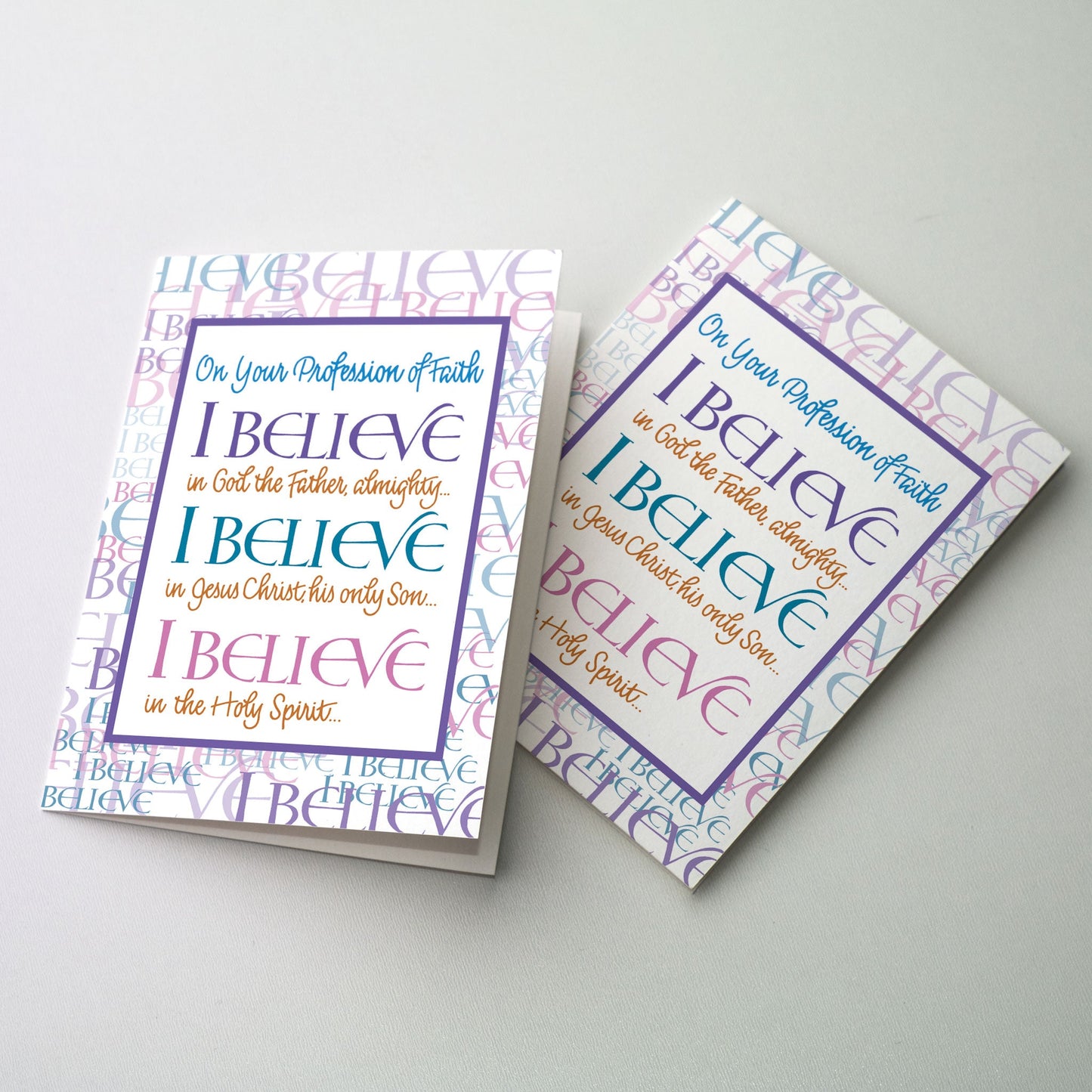 "I believe" treated as a background pattern with central lettering panel