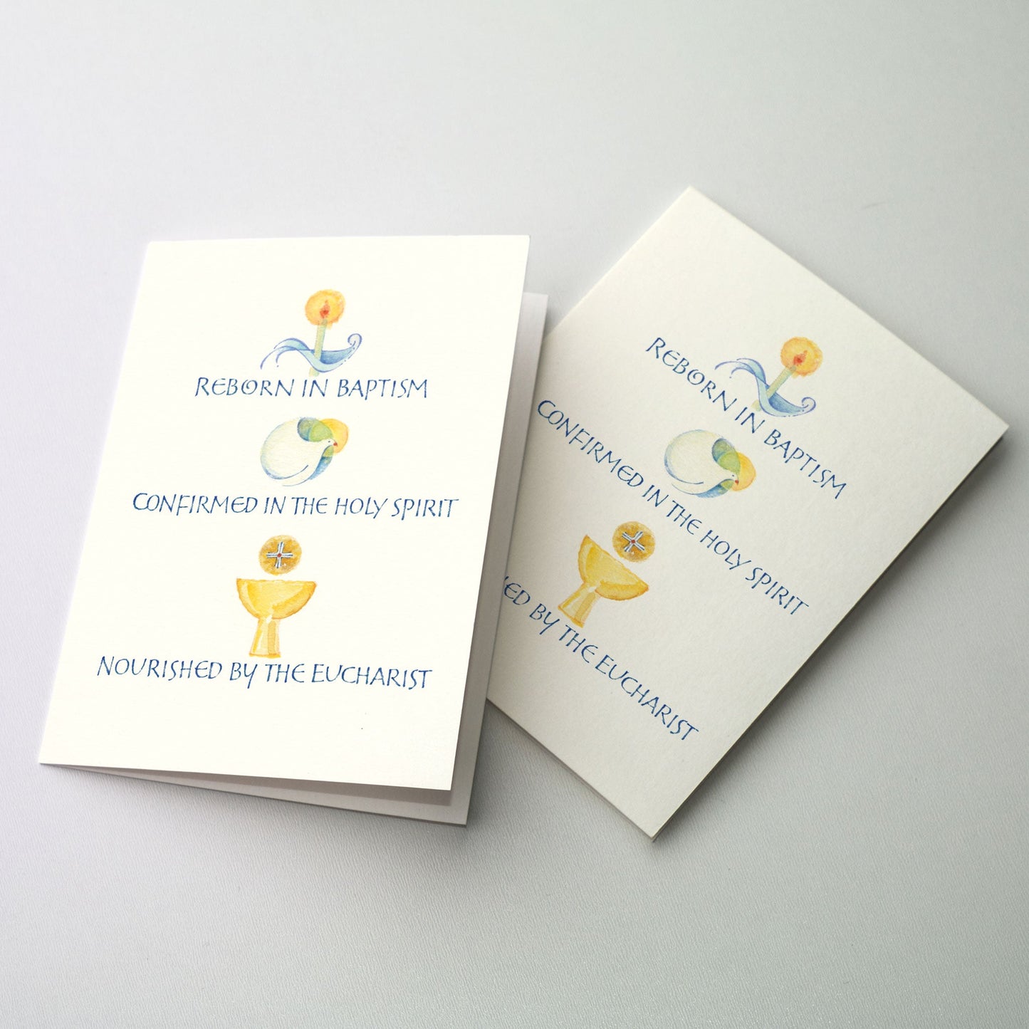 Symbols of Water, Spirit and Chalice/host with text interspersed