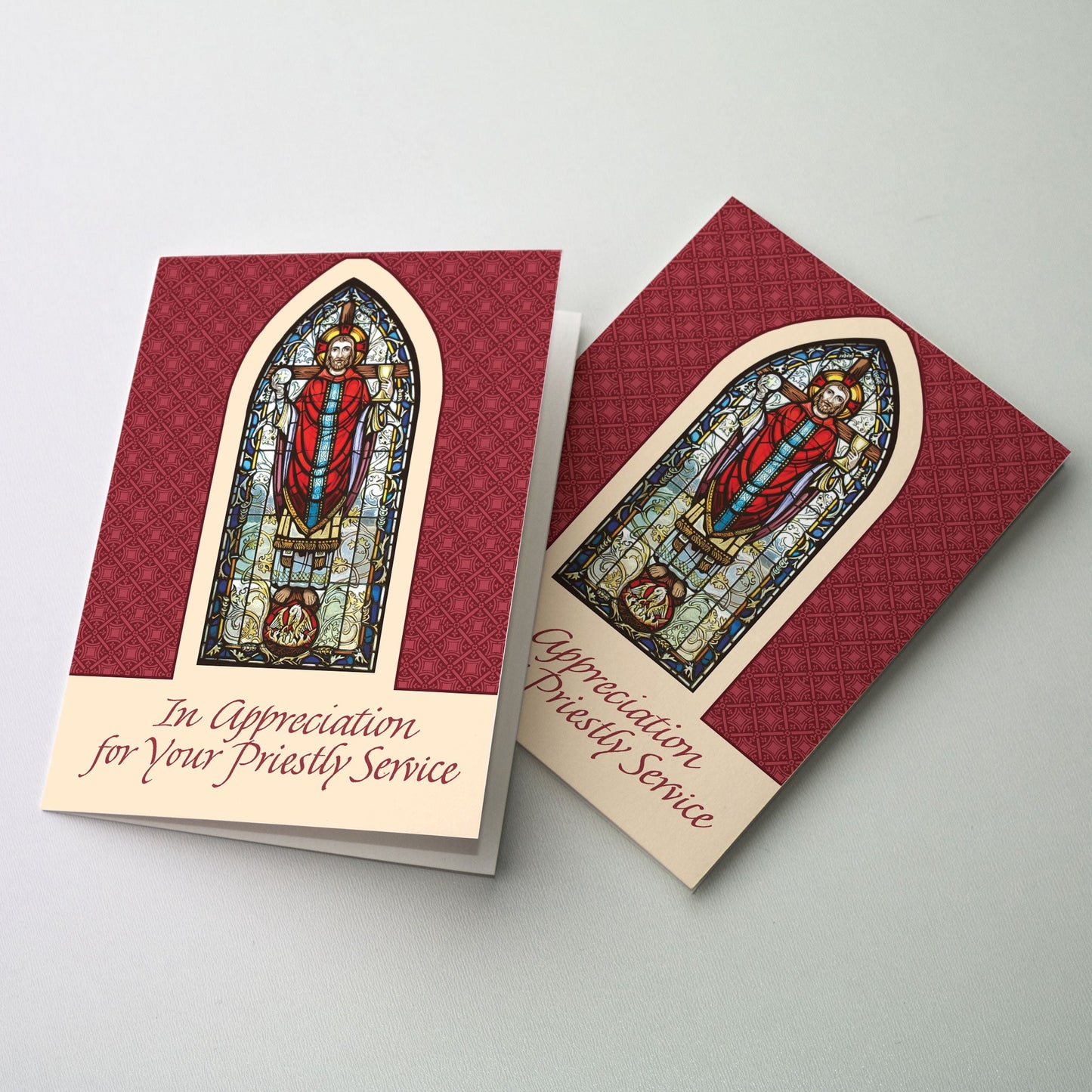 5" x 7". Stained glass image of Christ the High Priest. Appropriate as a thank you or retirement card for priests or bishops.