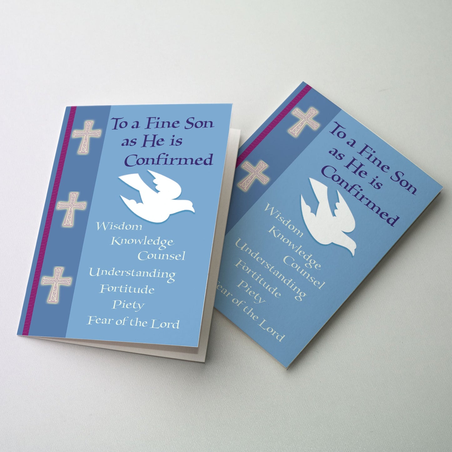 Rejoice with that special son receiving the sacrament of Confimation. The card has a dove on blue background with lettering; crosses in vertical panel at left. 5" x 7" card with matching envelope.