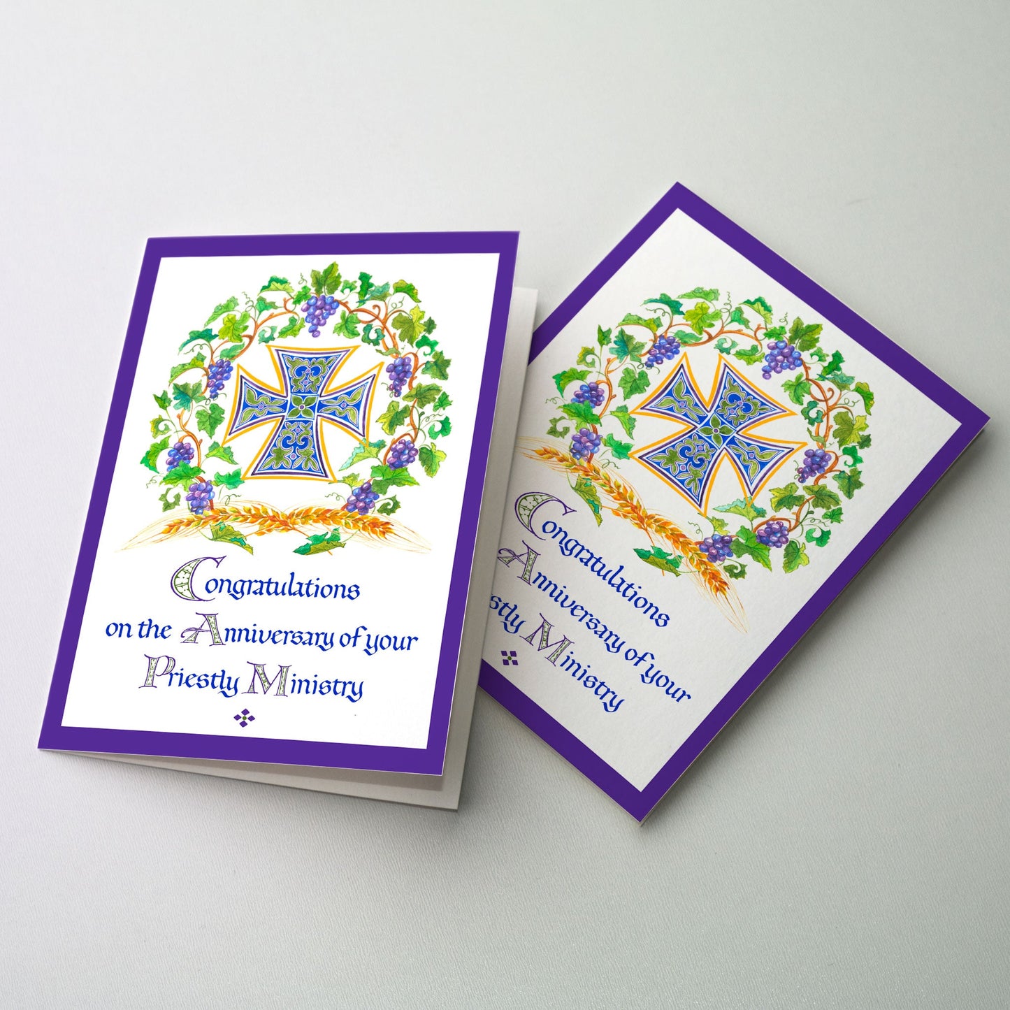 <p>An equilateral cross with a diamond pattern at the center. The cross is surrounded by a circle of grape vines and at the bottom of the circle are shafts of wheat.</p>