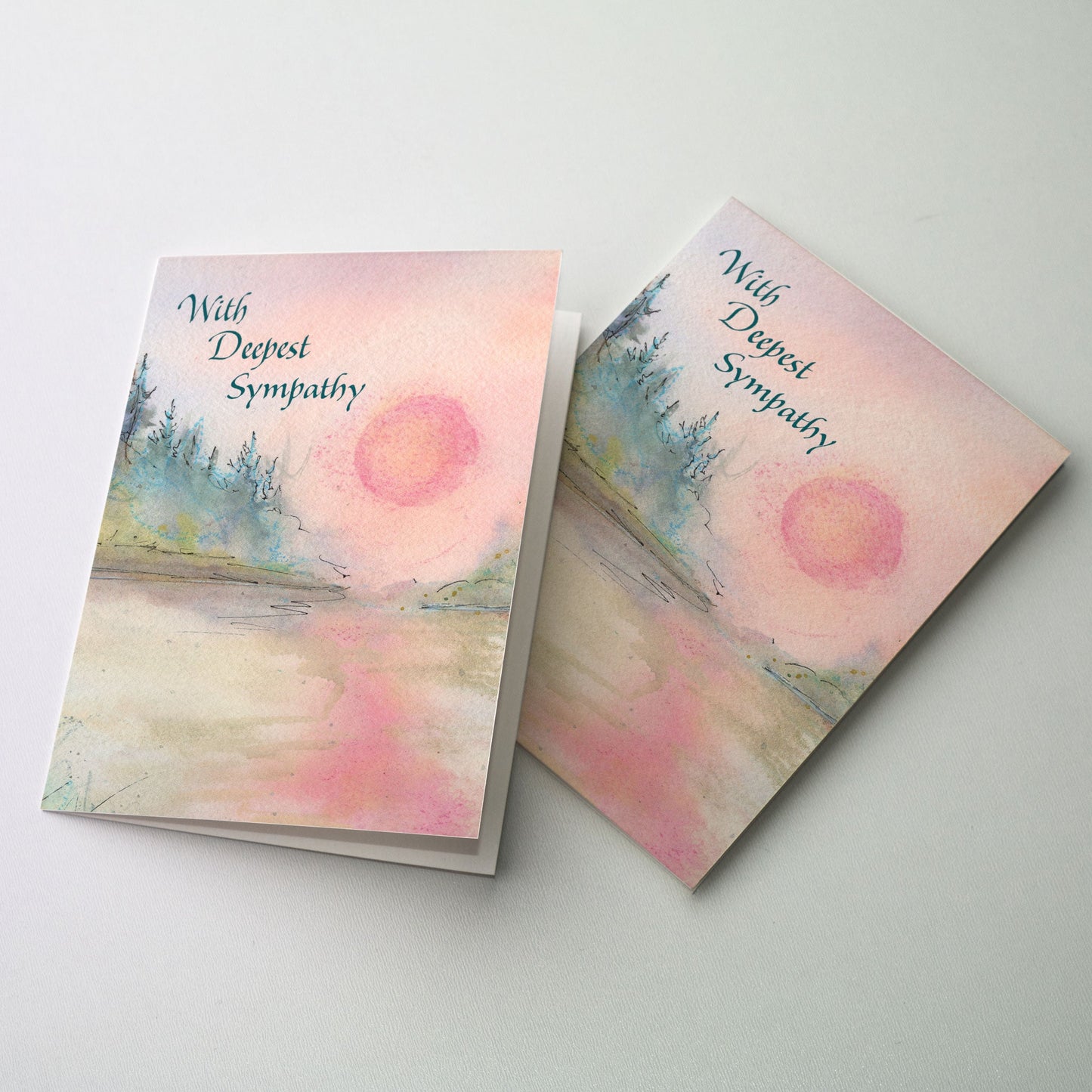 Watercolor of a deep red sun reflecting in a lake surrounded by shore lined with pine trees.