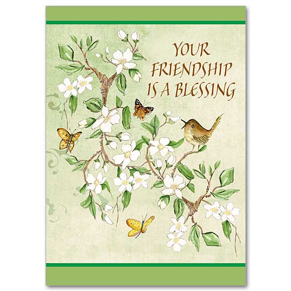 Image of a chirping brown bird and three butterflies on a branch of white dogwood blossoms. The background is in shades of light green with darker bands of green forming the top and bottom borders.