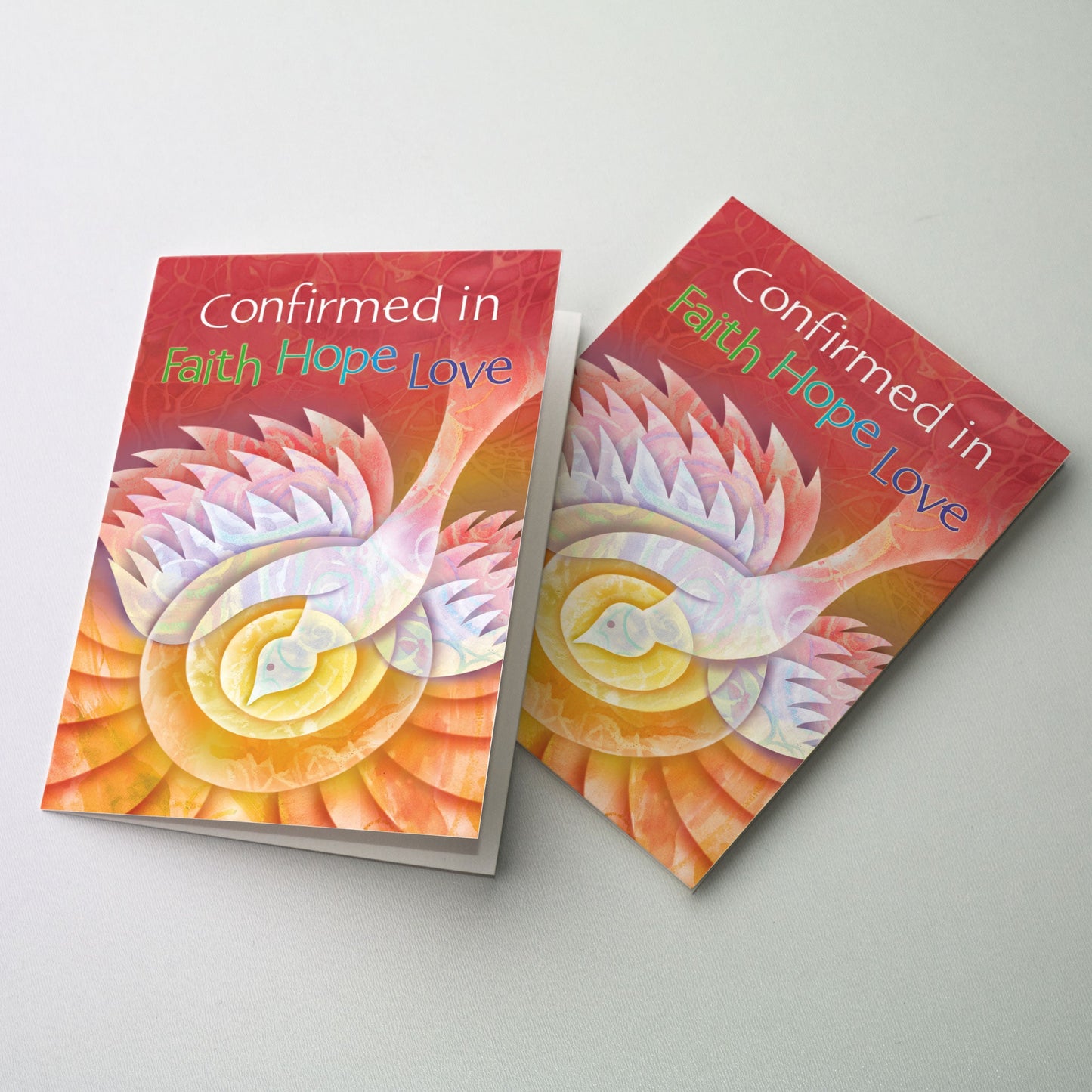 <p>Contemporary image of a descending dove rendered in layers of patterned design with a color palette running from red at the top to orange at the bottom of the image.</p>