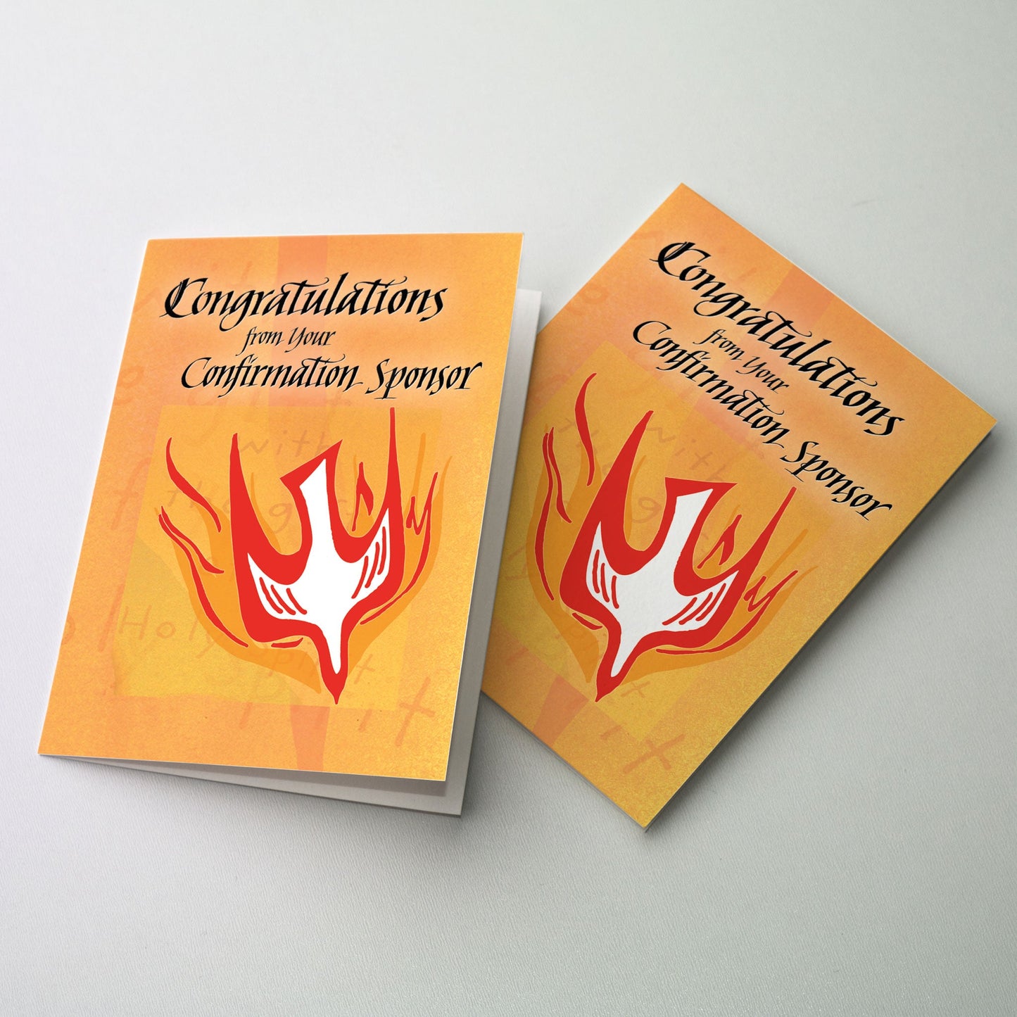 Image of white dove surrounded by red flames on an orange ground with faint watermark lettering "with the Holy Spirit" in the background.