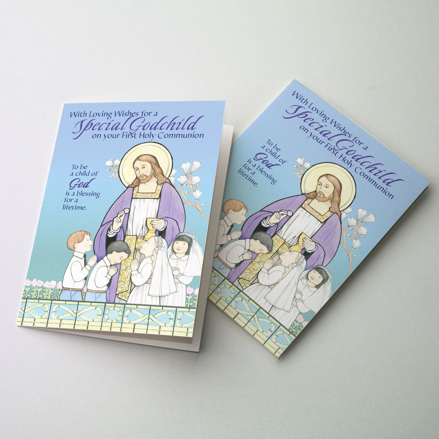 Painted illustration of Jesus distributing communion to four children of various ethnic background. Jesus is dressed in a white tunic with a purple outer garment.