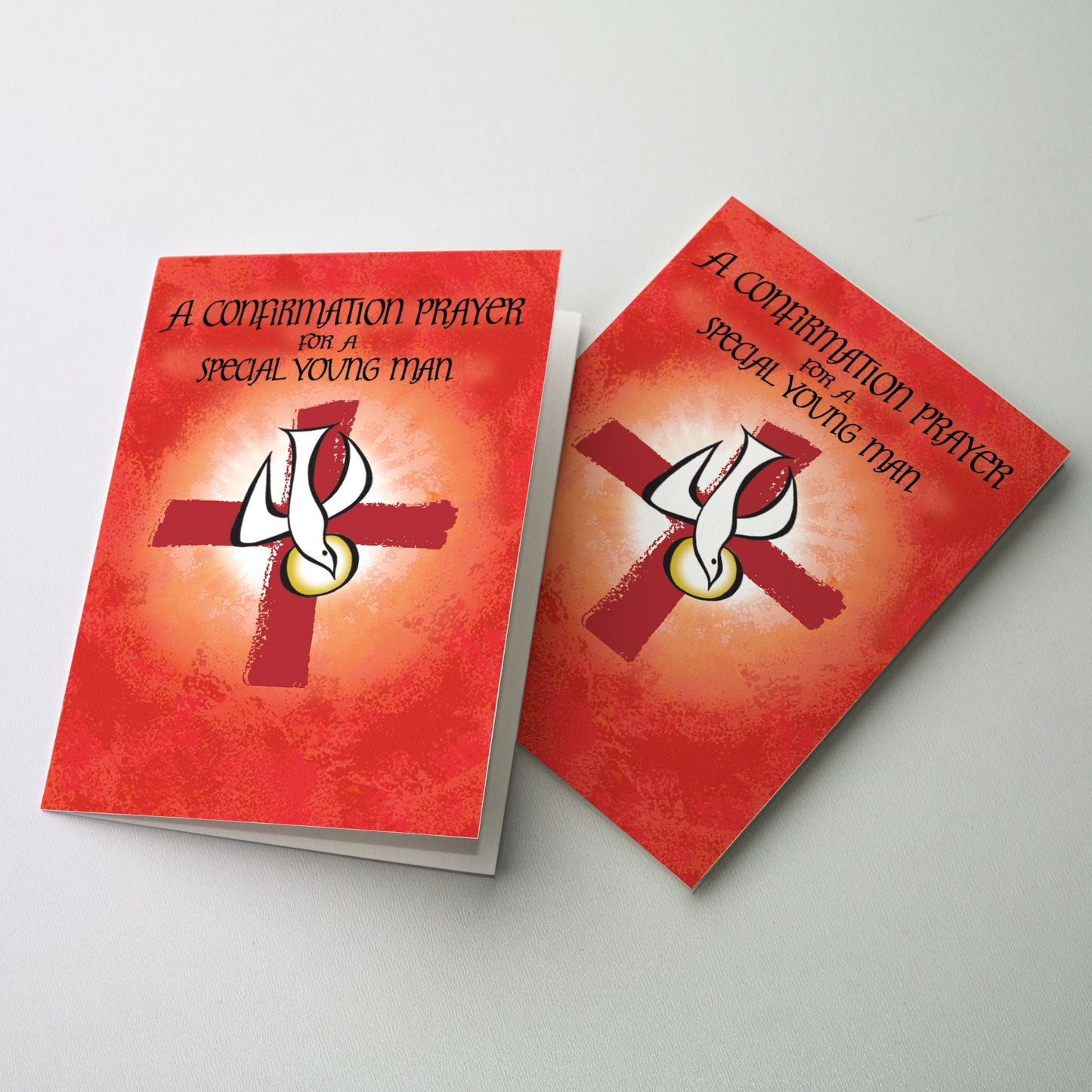 Graphic image of a descending white dove with a deep red cross in the background against a circle of brilliant light on a deep orange ground.