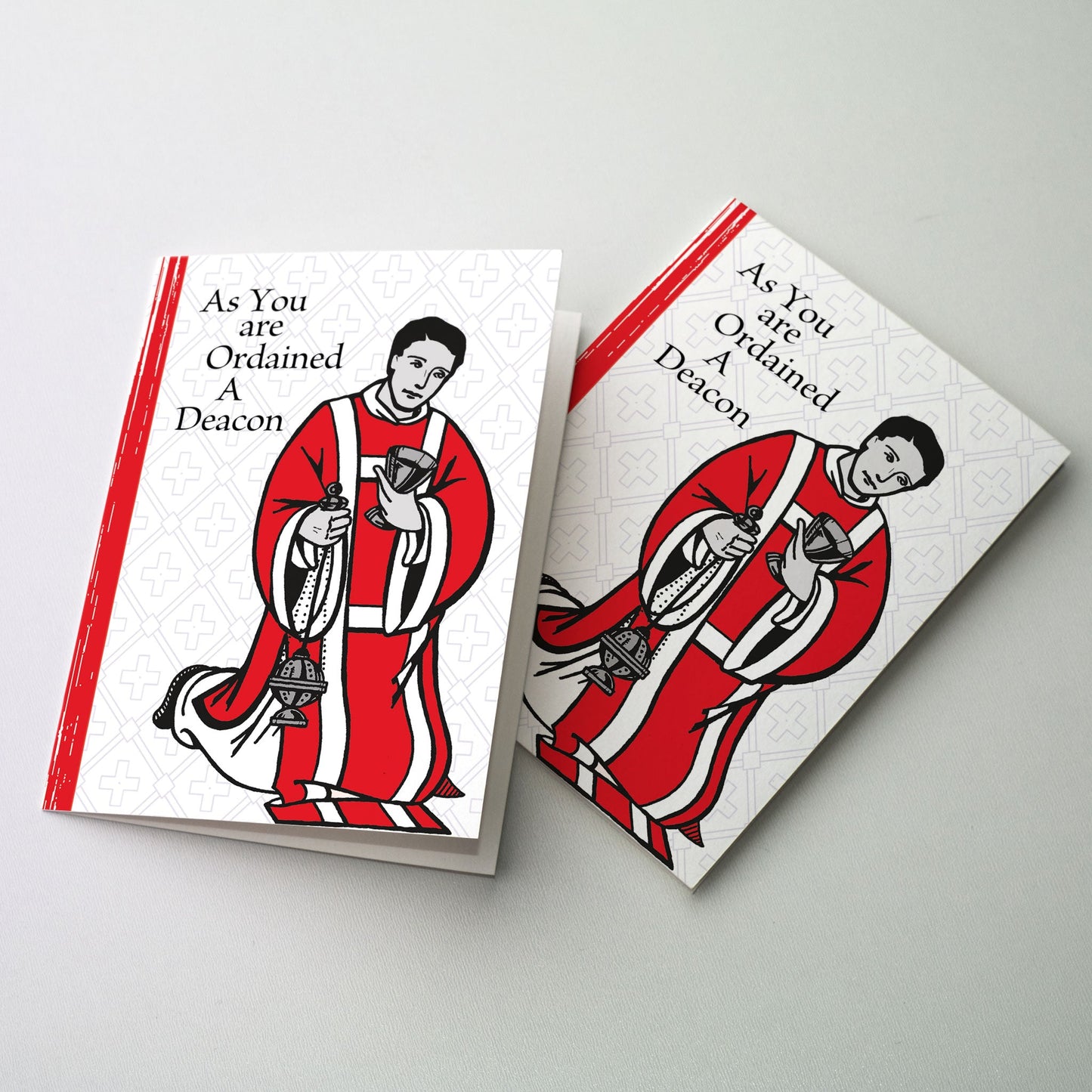 Graphic stylized image of a kneeling deacon wearing red and white vestments.