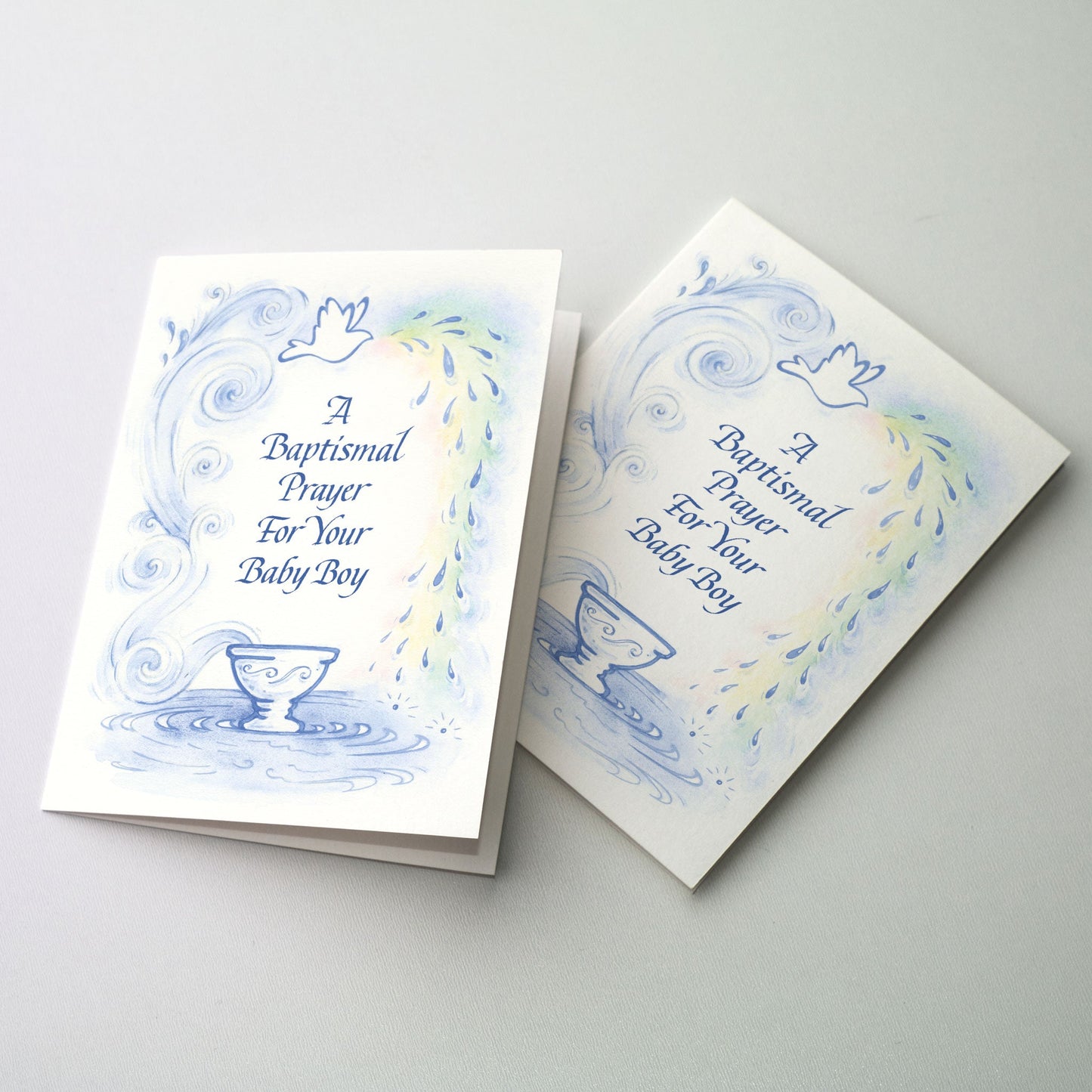 Illustration of a baptismal font with a left border of blue swirls of flowing water leading up to a dove at the top of the image; descending droplets form the right border with a background of pastel green, yellow and peach.