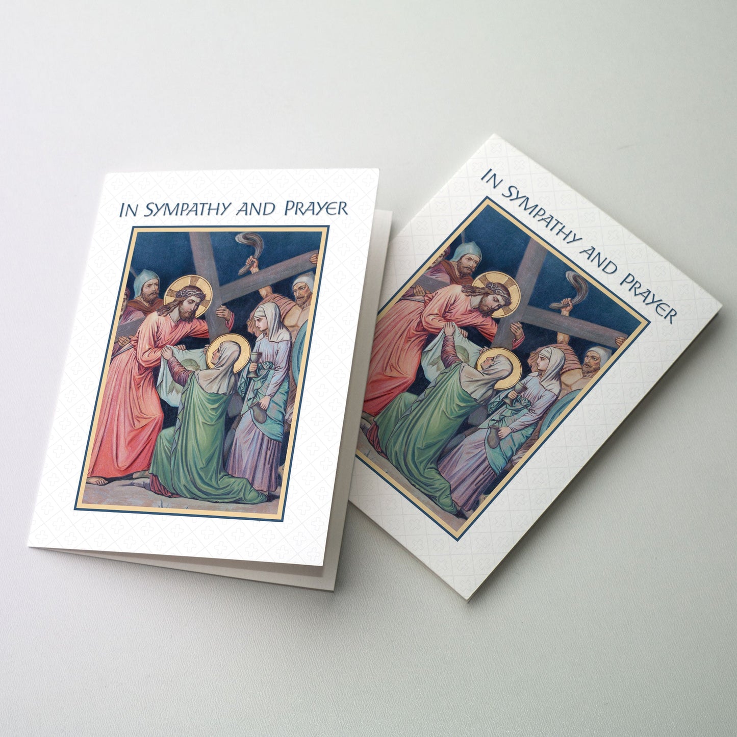 Close up of an oil painting of Veronica wiping the face of Jesus. The art was modeled after the Stations of the Cross in the Marienkirche in Stuttgart, Germany which were originally painted by monks of the Abbey of Beuron.