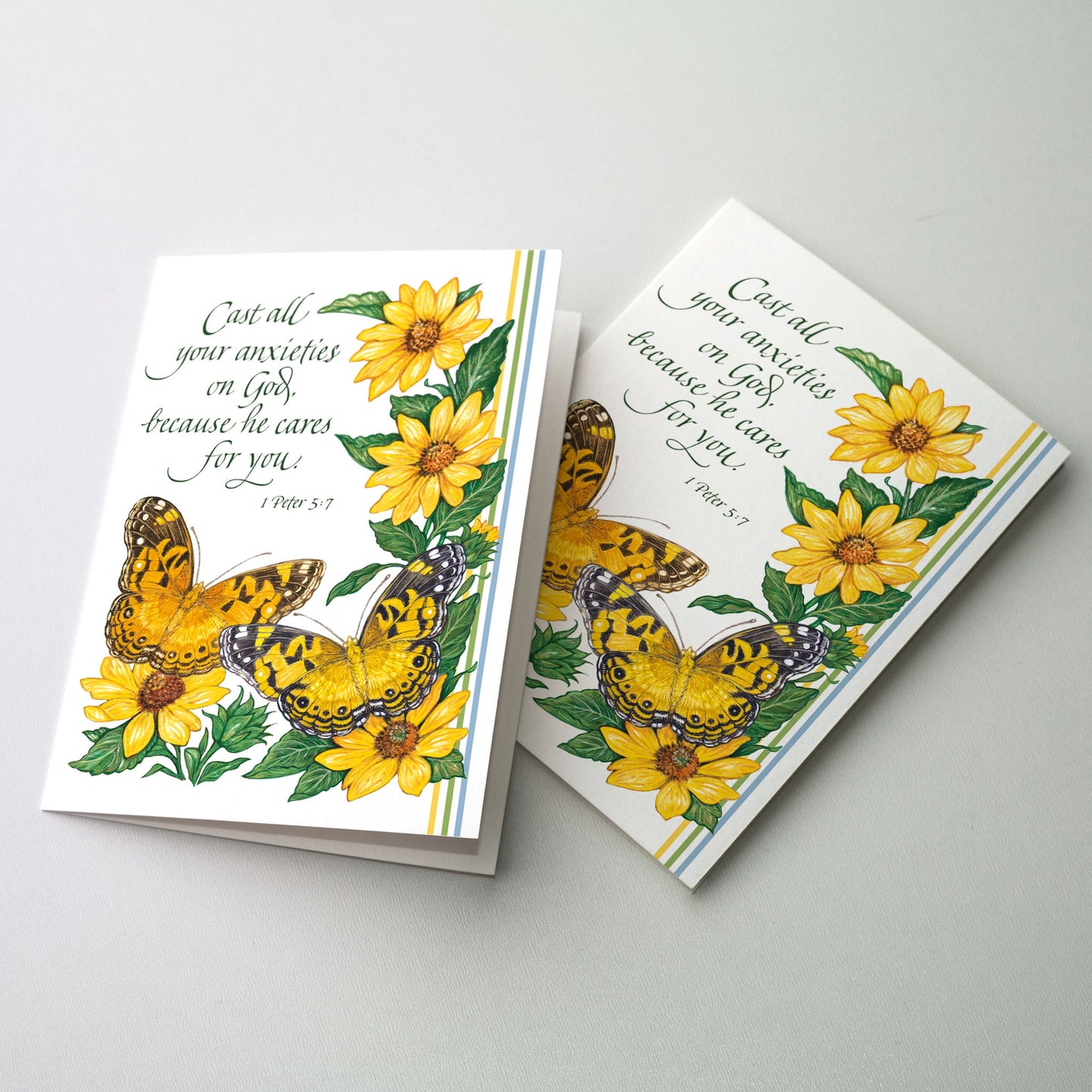 Illustration of sunflowers and yellow butterflies.