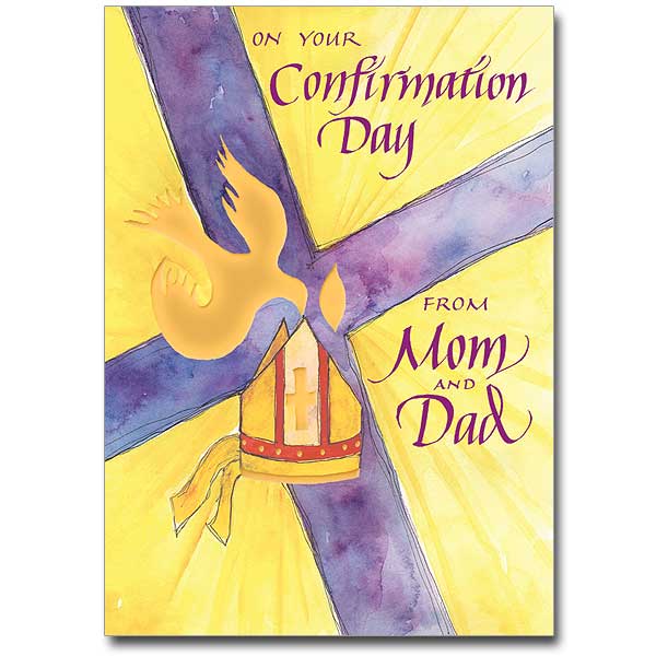 Rejoice with your son or daughter as they receive the sacrament of Confirmation. Watercolor cross and dove with bishop’s miter and calligraphy. Colored foil stamped lettering.