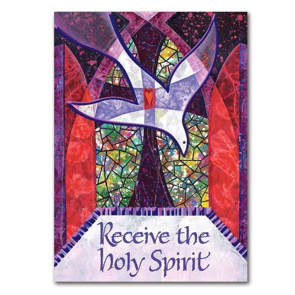 Rejoice in those receiving the sacrament of Confirmation with this semi-abstract dove (with red heart) in front of cross on stained glass window in shades of purple and red card. Purple foil stamped 5" x 7" card with white envelope.