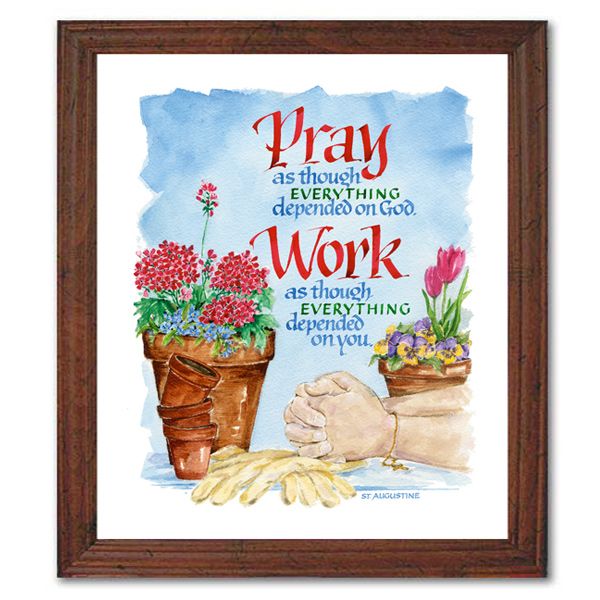 Beautiful print in a handsome mahogany-like wood frame that can be mounted on a wall or freestanding easel back. Size 10" x 12".