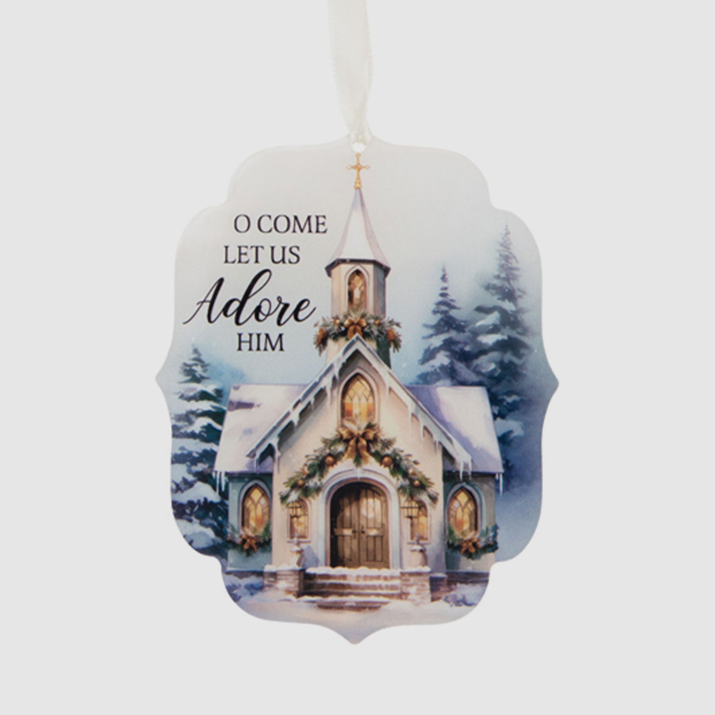 Decorative Christmas ornament with a church design and text 'O Come Let Us Adore Him' on a white background.