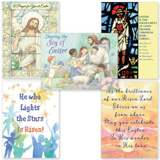 Five cards celebrating Christ's resurrection featuring a mix of cultural portrayals of Christ and more abstract artwork. Package includes 2 of each design.