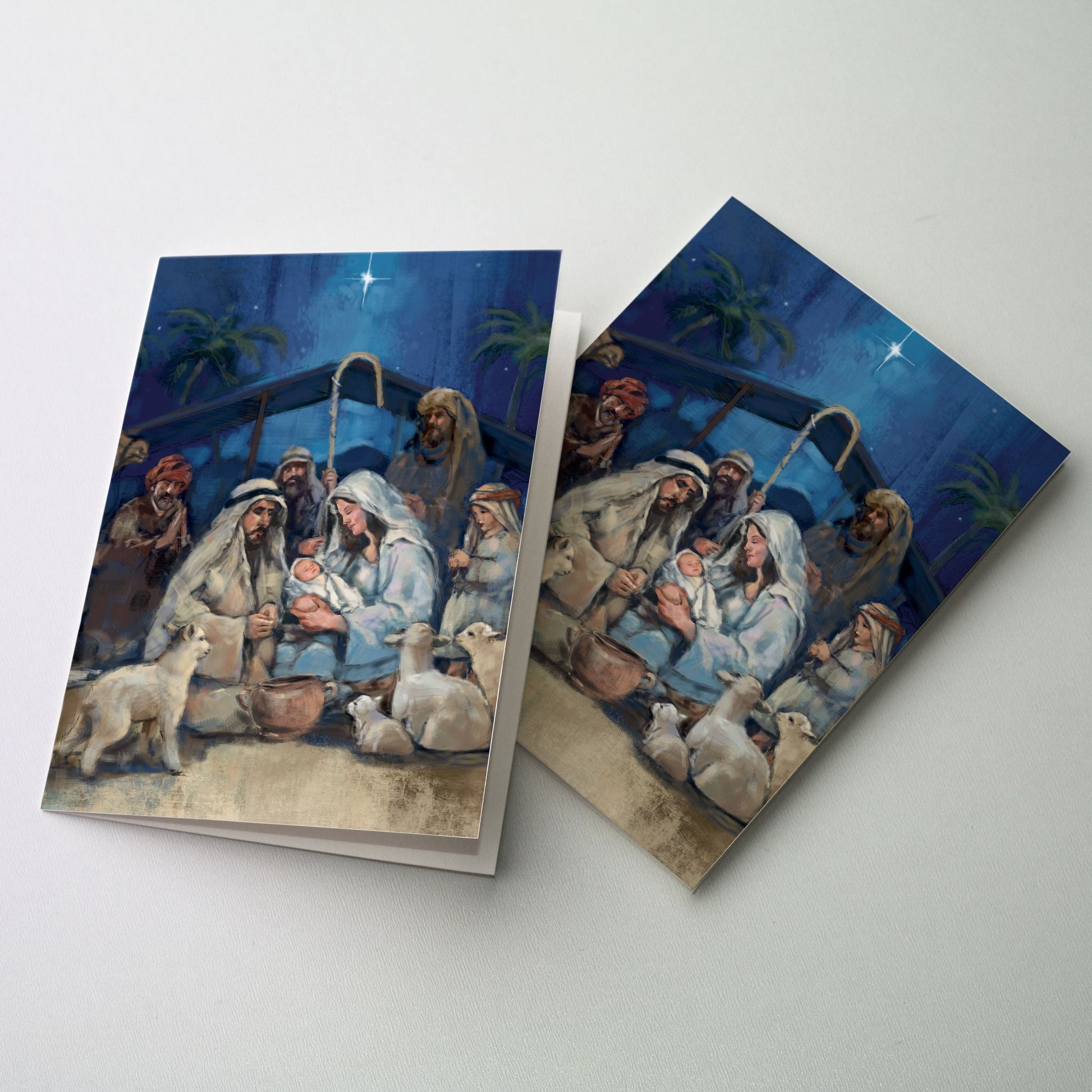 Shepherds and sheep surround the Holy Family in adoration.