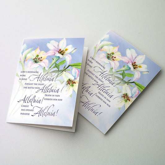 Easter card with lilies featuring the first verse of the song Love's redeeming work is done