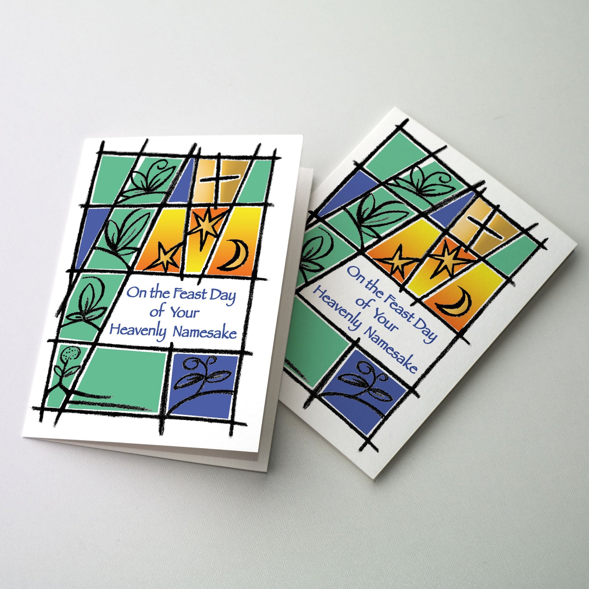 Trellis with green leaves, a cross, stars and the moon.