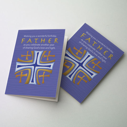 Modern Jerusalem cross design in blue, violet, and gold; the cover text emphasizes the endearing title of the sender's priest, namely, Father. 