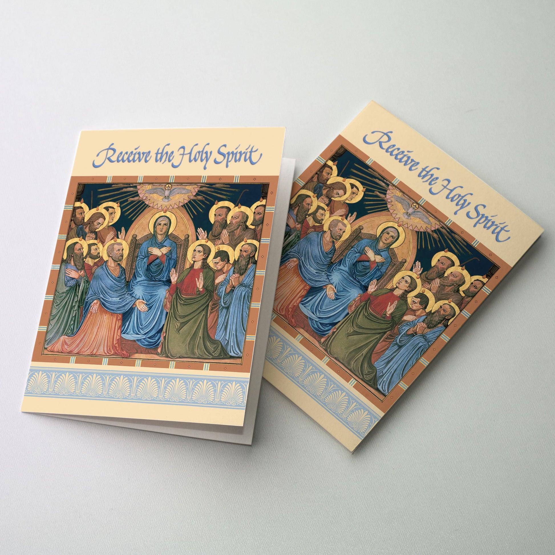 Rejoice with those receiving the Sacrament of Confirmation. This card features the Pentecost mural from Conception Abbey's Basilica (1894) and the calligraphy of Michael Clark (d. 2024).